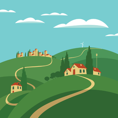 landscape with hills roads and settlementsのイラスト素材