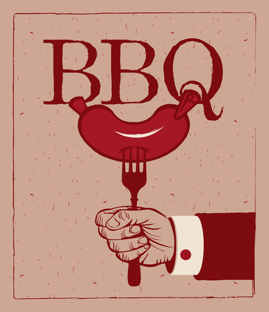 banner with barbecue on fork in handのイラスト素材
