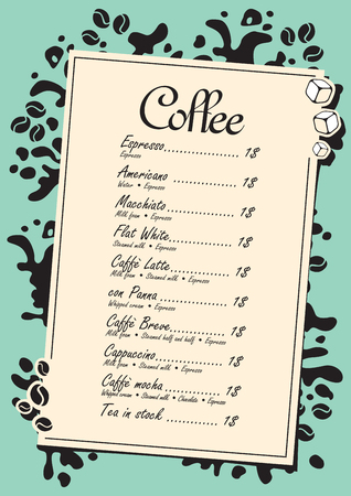 menu list for hot drinks with splashes of coffeeのイラスト素材