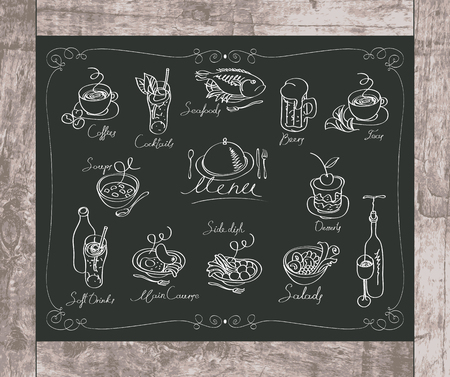 set of drawing with chalk of different dishes on the blackboardのイラスト素材