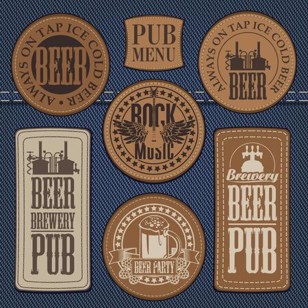 set of leather labels on denim on the theme pub with live musicのイラスト素材