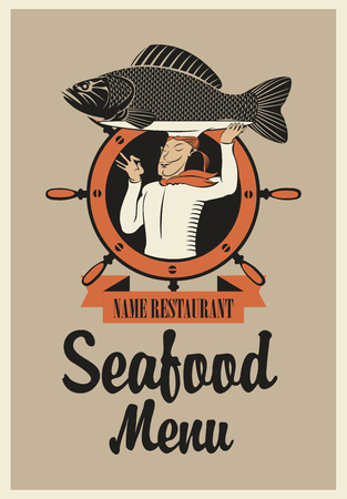retro seafood menu with the chef with fish on his headのイラスト素材