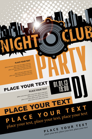 Playbill for the musical party in night club with speaker over modern city backgroundのイラスト素材