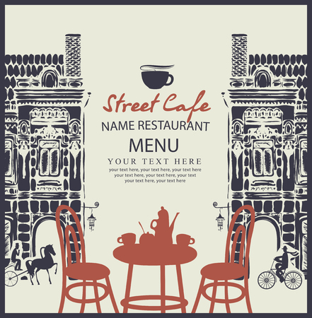 Menu for sidewalk street cafe with table and old architectureのイラスト素材