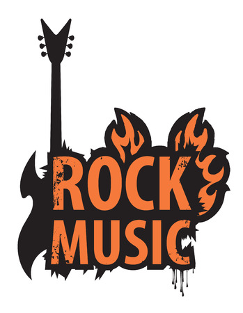 banner with the inscription of rock music in the fire with electric guitarのイラスト素材