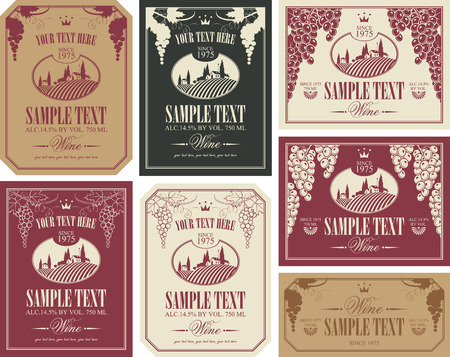 wine label set with a landscape of vineyards in retro styleのイラスト素材