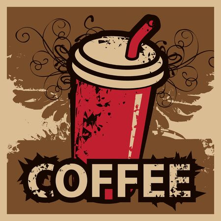 banner with a disposable coffee cup with wings and flourishesのイラスト素材