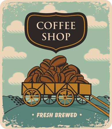 retro banner with a cart loaded with coffee beansのイラスト素材