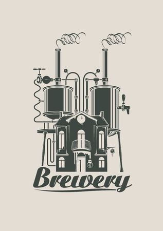 sign for the brewery with a picture at home with barrels on the roofのイラスト素材