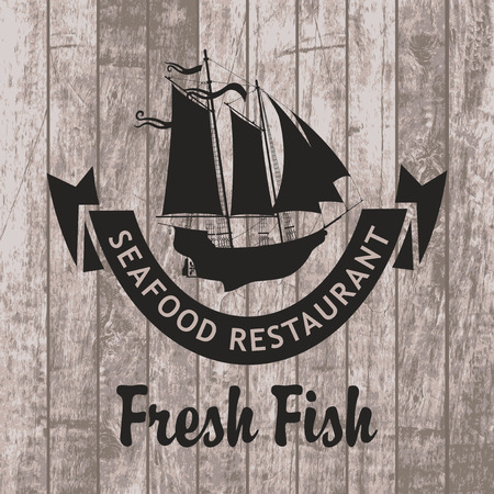 banner for the seafood restaurant with a picture sailboat wooden planks backgroundのイラスト素材