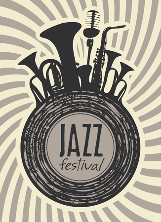 banner for jazz festival with wind instruments and vinyl recordのイラスト素材