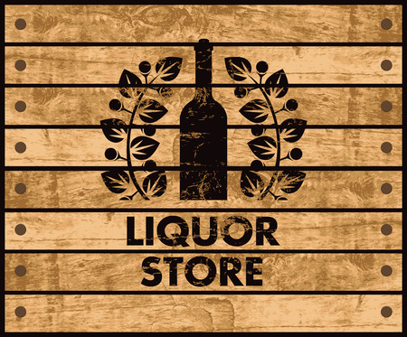 wooden box with a picture of the bottle of wine and liquor store signのイラスト素材