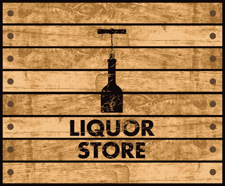 wooden box with a picture of the bottle of wine and liquor store signのイラスト素材