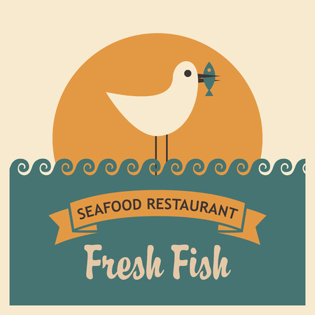emblem for seafood with seagull with a fish in its beakのイラスト素材