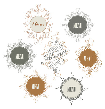 set of sign with menu inscription with floral ornamentのイラスト素材