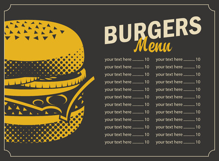 burger menu with price list and picture cheeseburger on a black background in retro styleのイラスト素材
