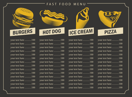 fast food menu with price list for pizza burgers ice cream  and hot dogのイラスト素材