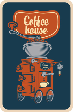 surreal coffee grinder with cup on wheels in a retro styleのイラスト素材