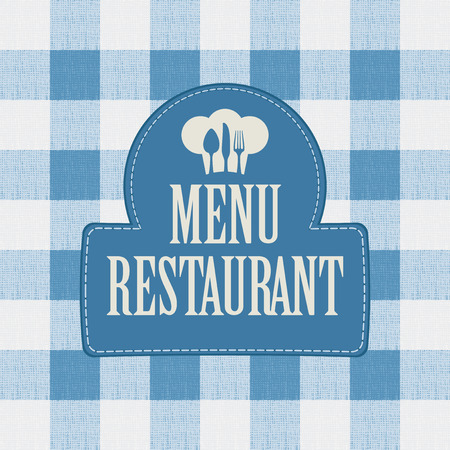 banner for menu cafe or restaurant with a chef's hat and drawing diners spirit-levels against the background of a checkered tableclothの写真素材