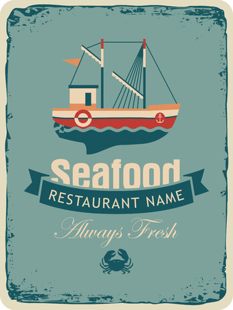 Retro banner for a restaurant or seafood store with fishing boats and crabのイラスト素材