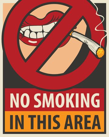 signboard no smoking in this area with a pattern of human lips and lit cigarette and negates the sign banのイラスト素材