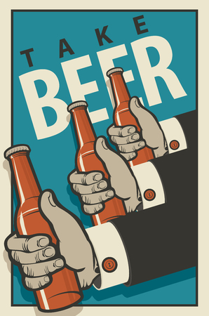 Three hands with bottles of beer in a retro style on a blue backgroundのイラスト素材