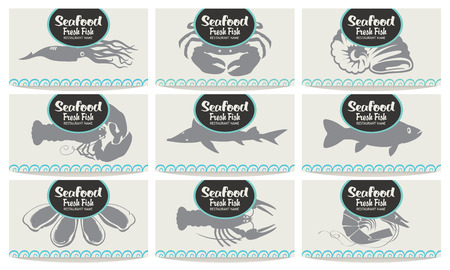 set business card for a seafood restaurant with a picture of marine animals and fishのイラスト素材