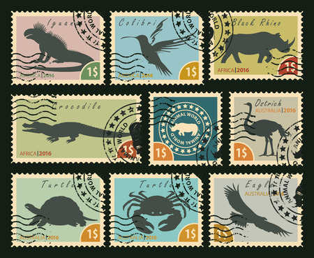 set of postage stamps on the theme of wildlife animals and birdsのイラスト素材