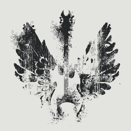 vector illustration with an electric guitar and wings with splashes and curlsのイラスト素材