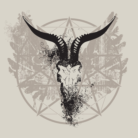vector illustration with skull of goat and wings and pentagram with splashes and curlsのイラスト素材