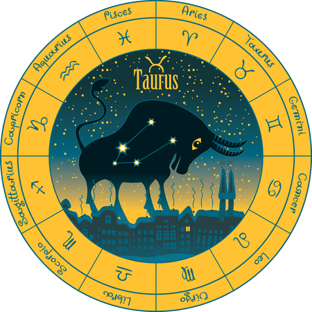 taurus on the background urban night landscape and the starry sky in circle with the signs of the zodiacのイラスト素材
