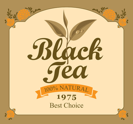 black tea label with a tea leaf and chinese ornamentのイラスト素材