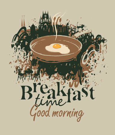 vector banner for a restaurant with breakfast with a frying pan and fried eggs on the background of the old townのイラスト素材