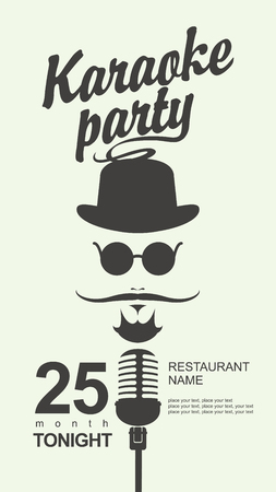 man face with a mustache and wearing a hat and glasses with a microphone and an inscription karaoke party in hipster styleのイラスト素材