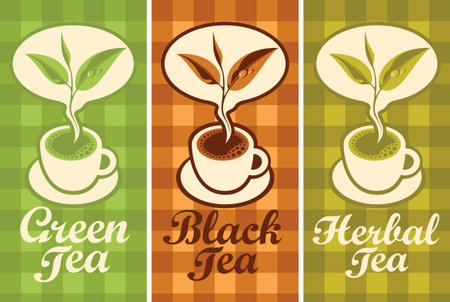 set vector banners with a cup of different tea and a branch with leavesのイラスト素材