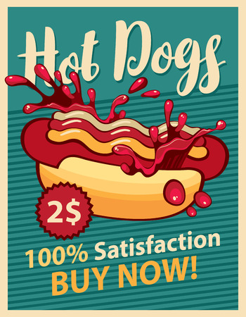 vector banner with hot dog and splashes of ketchupのイラスト素材