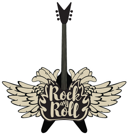 logo with the electric guitar and the words rock and roll in the fire with wingsのイラスト素材