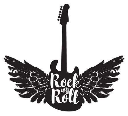 logo with the electric guitar and the words rock and roll with wingsのイラスト素材
