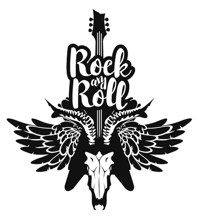 vector illustration with an electric guitar and skull of goat and wings with inscription rock and rollのイラスト素材