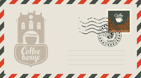 an envelope with a postage stamp for a coffee house with a vintage building and cupsのイラスト素材