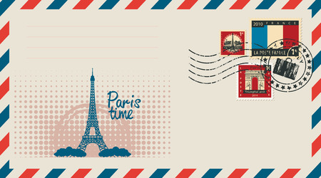 an envelope with a postage stamp with Arc de Triomphe, the Eiffel tower and the flag of Franceのイラスト素材