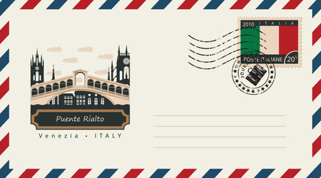 an envelope with a postage stamp with Venezia Puente Rialto, and the flag of Italyのイラスト素材