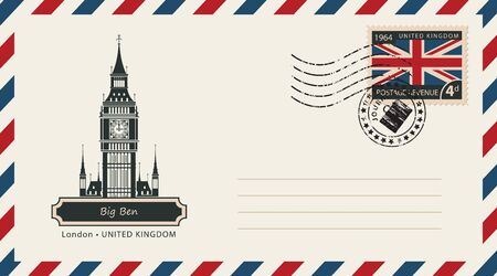 an envelope with a postage stamp with London Big Ban, and the flag of United Kingdomのイラスト素材