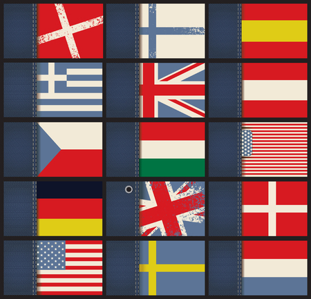 set of business cards from jeans fabric with flags of different countriesのイラスト素材