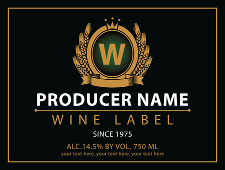 vector labels for wine with coat with ears of wheat and crown in black and goldのイラスト素材