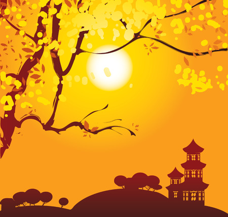 Chinese landscape with branches of blooming tree with yellow flowers and pagodaのイラスト素材