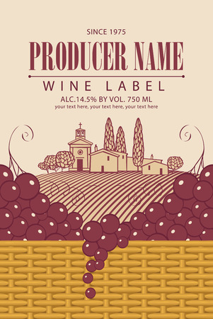 Vintage wine label with grape bunch and vine in a basketのイラスト素材