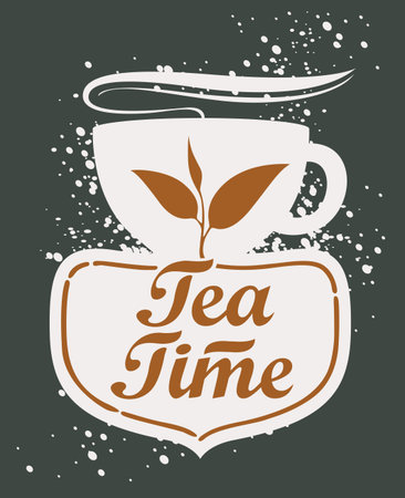 Hand drawn illustration of tea cup with leaf and lettering. Tea timeのイラスト素材