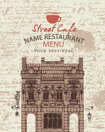 Cover menu for a street cafe with the facade of the old building on the background.のイラスト素材