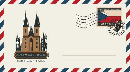 An envelope with a postage stamp with Prague church of Mother of God before tyn.のイラスト素材